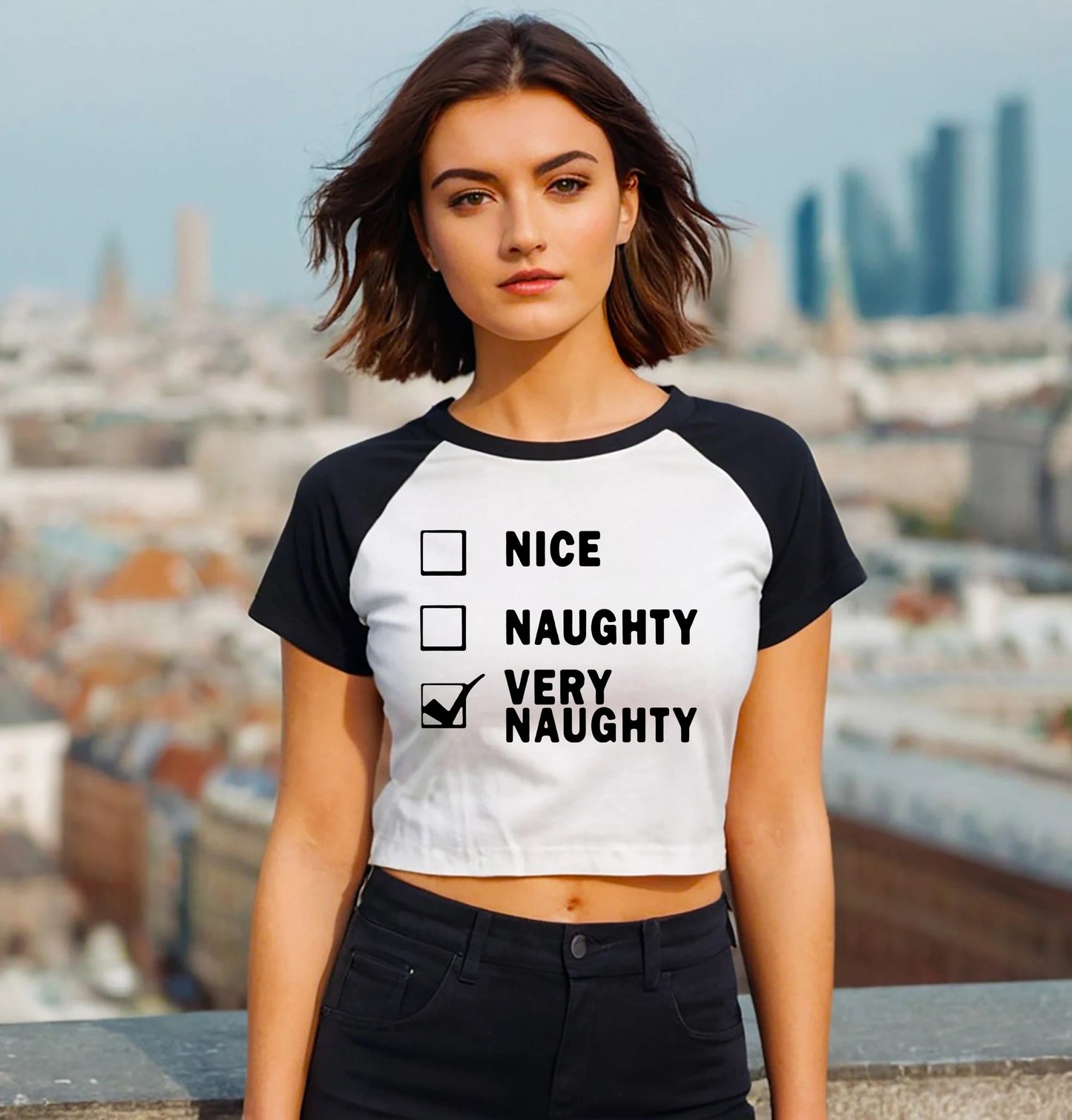 NICE NAUGHTY | LADIES RAGLAN CROP TOP