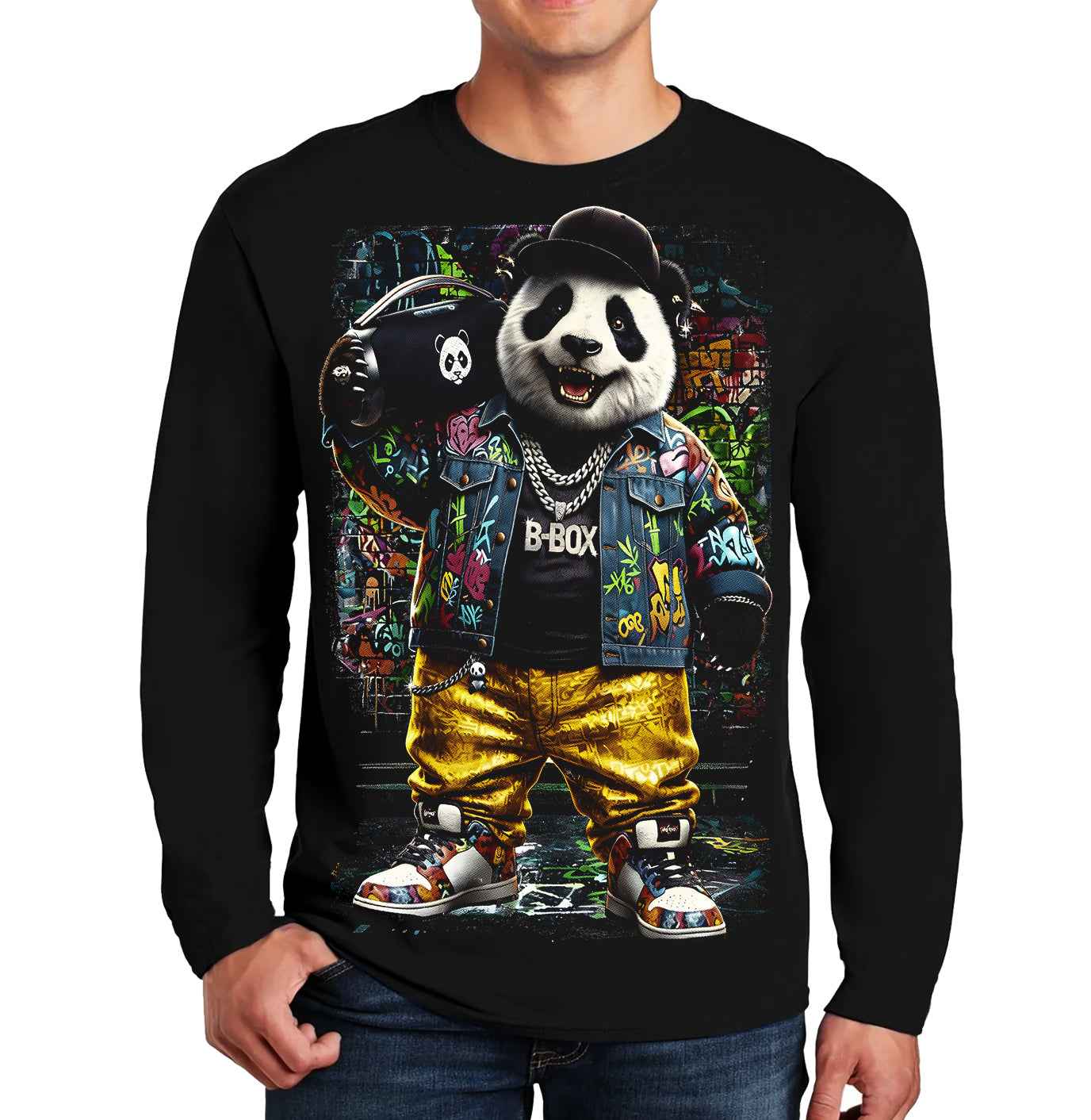 Rock Cute Panda Halftone | Men's Long Sleeve