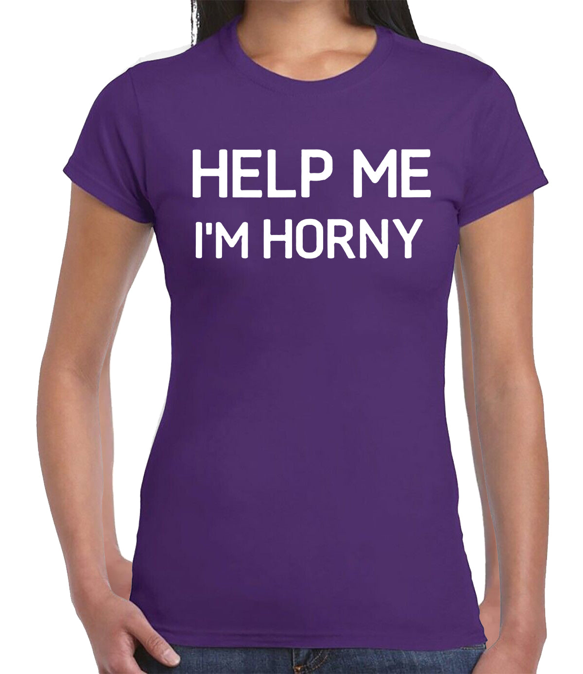 HELP ME I'M HORNY | LADIES T-SHIRT PURPLE T-SHIRT WHITE PRINT HELP ME I'M HORNY | LADIES T-SHIRT