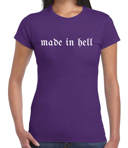 MADE IN HELL GRAPHIC TEE | LADIES T-SHIRT PURPLE T-SHIRT WHITE PRINT MADE IN HELL GRAPHIC TEE | LADIES T-SHIRT