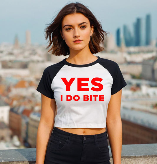 YES I DO BITE | LADIES RAGLAN CROP TOP