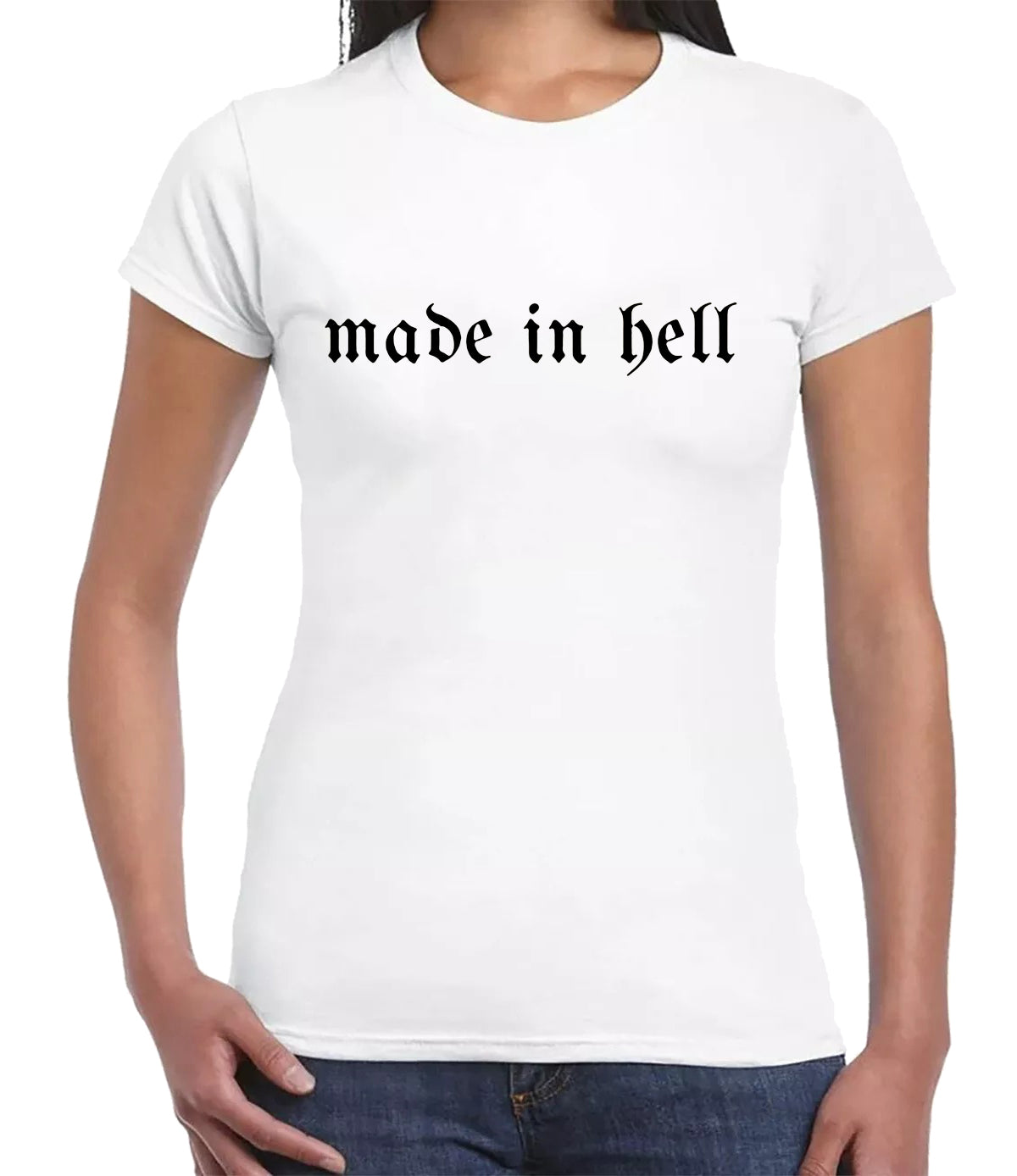 MADE IN HELL GRAPHIC TEE | LADIES T-SHIRT WHITE T-SHIRT BLACK PRINT MADE IN HELL GRAPHIC TEE | LADIES T-SHIRT