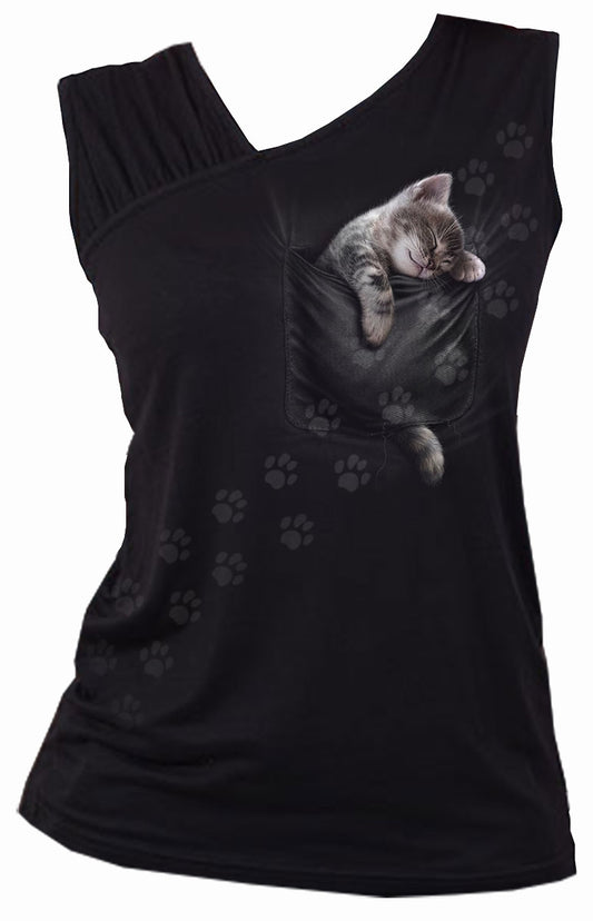 POCKET KITTEN - GATHERED SHOULDER SLANT VEST TOP