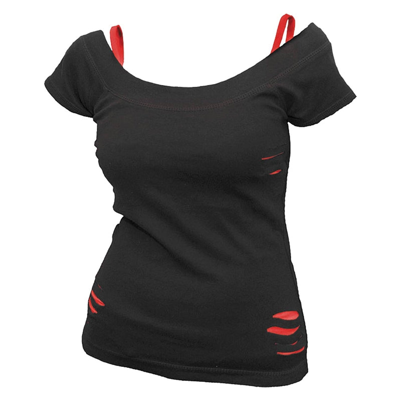 PLAIN 2IN1 RED & BLACK RIPPED TOP