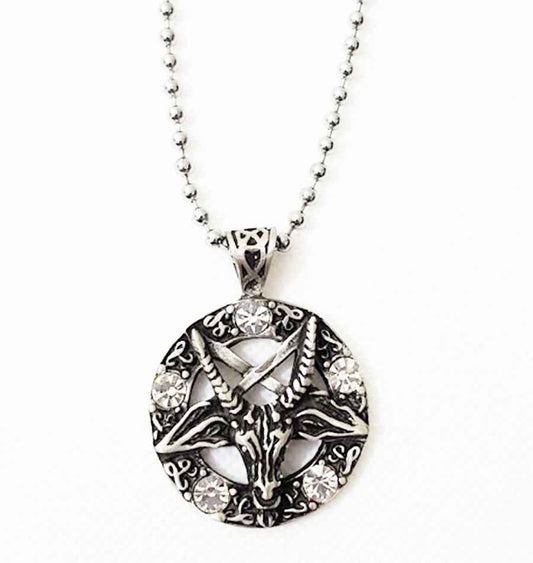 OCCULT PENTAGRAM PENDANT with 5 Clear Beads - Antique Pewter and Ball Chain OCCULT PENTAGRAM PENDANT with 5 Clear Beads - Antique Pewter and Ball Chain