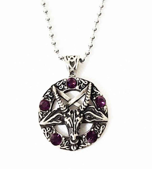 Occult Pentagram Pendant with 5 Purple Beads - Antique Pewter with Ball Chain Occult Pentagram Pendant with 5 Purple Beads - Antique Pewter with Ball Chain
