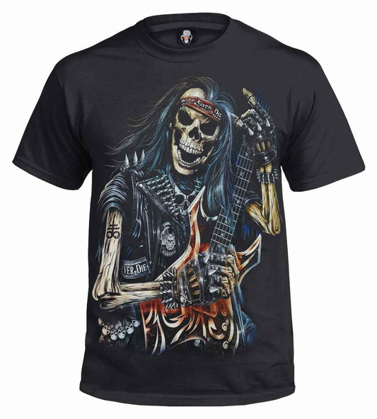 Rock Never Die Glow in The Dark Skull T-Shirt - Biker Metal Tee Rock Never Die Glow in The Dark Skull T-Shirt - Biker Metal Tee