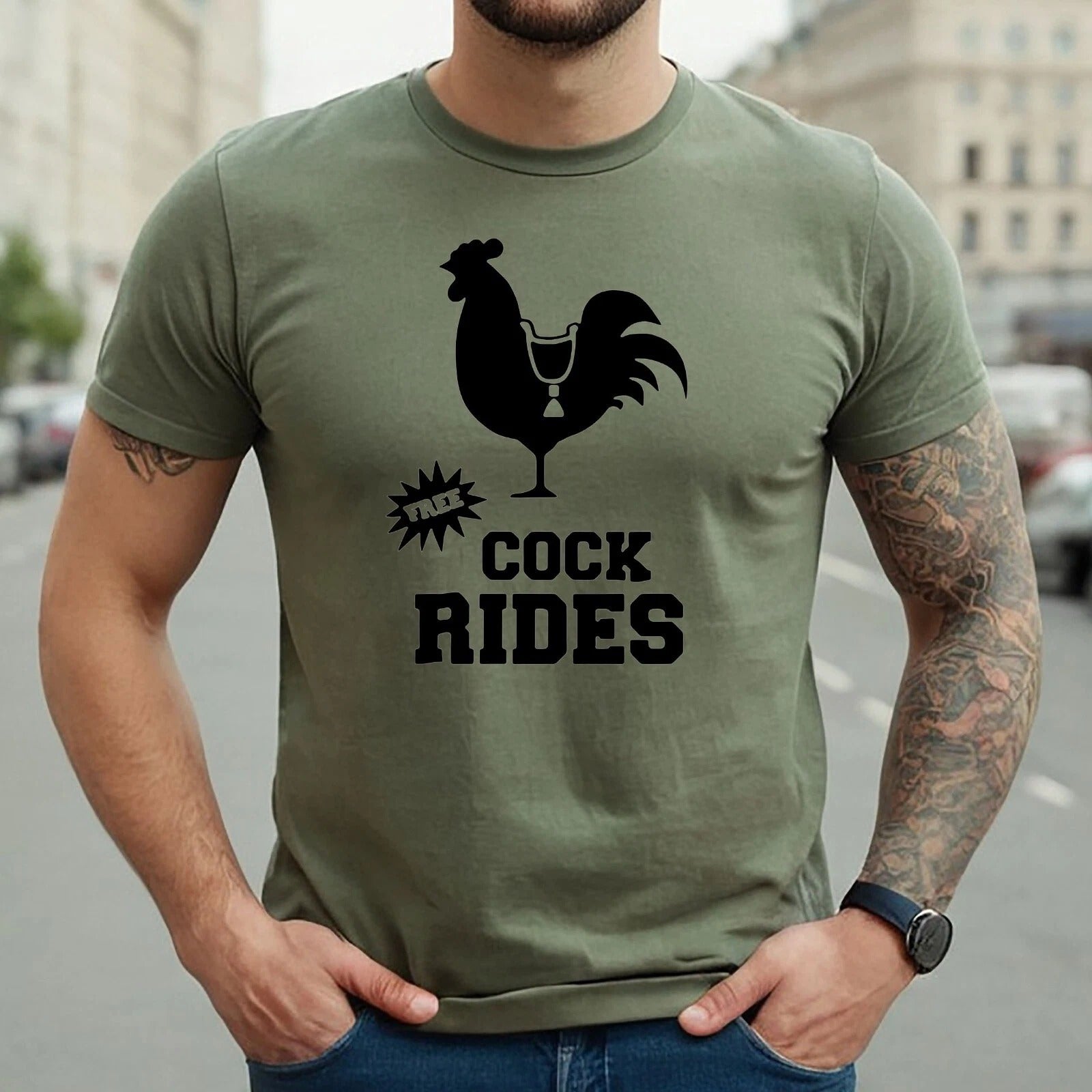 FREE COCK RIDES COCK PRINT | FUNNY MEN'S T-SHIRT MILITARY GREEN T-SHIRT BLACK PRINT FREE COCK RIDES COCK PRINT | FUNNY MEN'S T-SHIRT