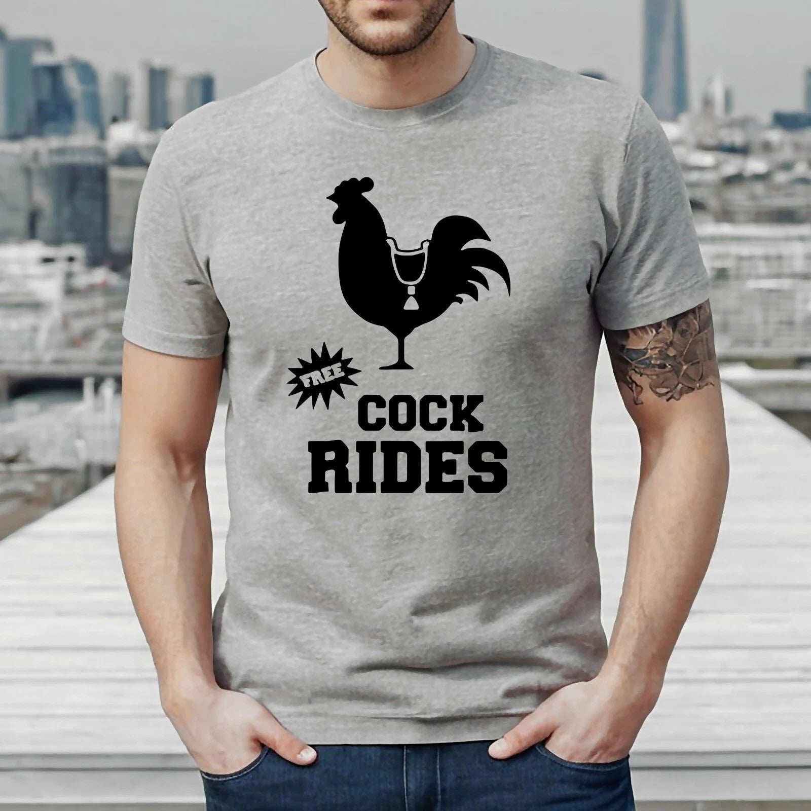 FREE COCK RIDES COCK PRINT | FUNNY MEN'S T-SHIRT SPORT GRAY T-SHIRT BLACK PRINT FREE COCK RIDES COCK PRINT | FUNNY MEN'S T-SHIRT