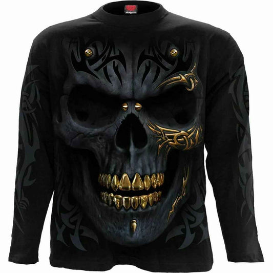 Spiral Direct Skull Biker Long Sleeve T-shirt - Black Gold Design, Tribal & Metal Style Spiral Direct Skull Biker Long Sleeve T-shirt - Black Gold Design, Tribal & Metal Style