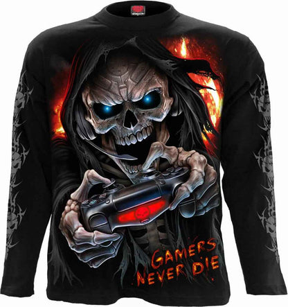 Spiral Direct Skull T-shirt - RESPAWN Long Sleeve Biker Horror Design with Reaper and Tattoo Art Spiral Direct Skull T-shirt - RESPAWN Long Sleeve Biker Horror Design with Reaper and Tattoo Art