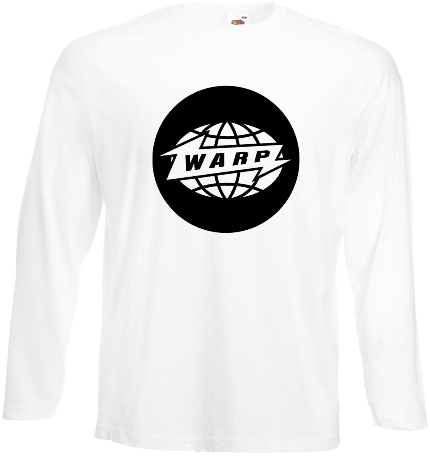 Warp Records Long Sleeve T-Shirt Men's WHITE LONG SLEEVE BLACK PRINT Warp Records Long Sleeve T-Shirt Men's