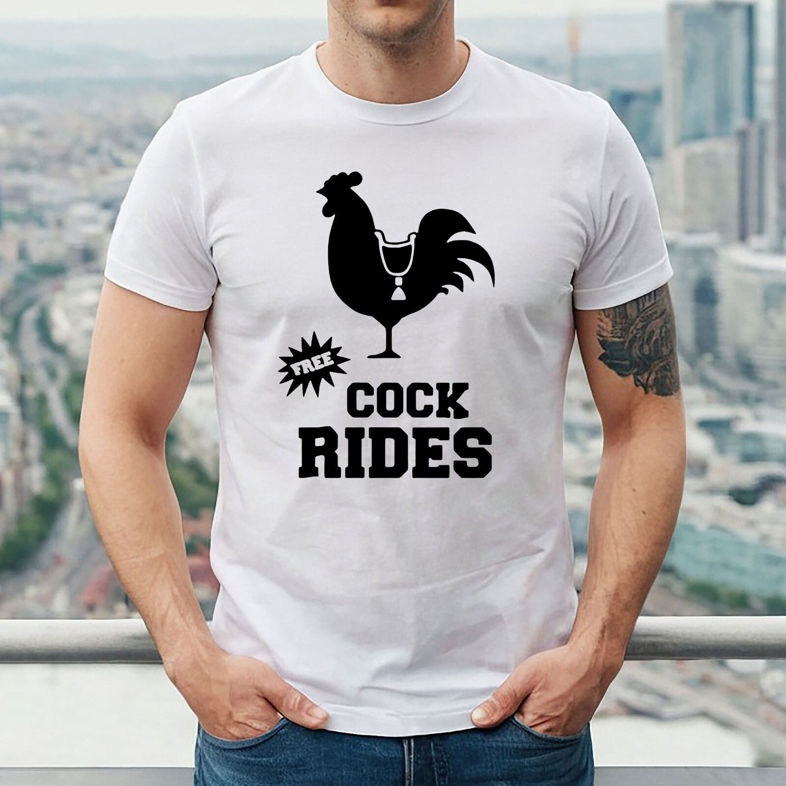 FREE COCK RIDES COCK PRINT | FUNNY MEN'S T-SHIRT WHITE T-SHIRT BLACK PRINT FREE COCK RIDES COCK PRINT | FUNNY MEN'S T-SHIRT