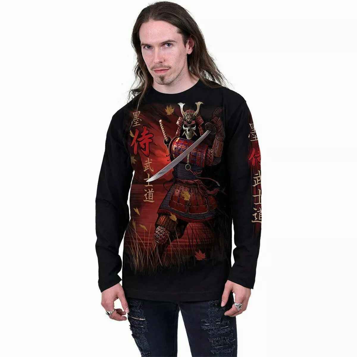 Spiral Direct Samurai Skull Long Sleeve T-shirt - Biker Goth Top Spiral Direct Samurai Skull Long Sleeve T-shirt - Biker Goth Top