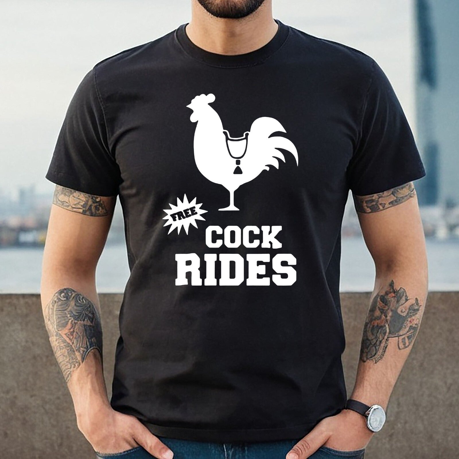 FREE COCK RIDES COCK PRINT | FUNNY MEN'S T-SHIRT BLACK T-SHIRT WHITE PRINT FREE COCK RIDES COCK PRINT | FUNNY MEN'S T-SHIRT