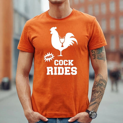 FREE COCK RIDES COCK PRINT | FUNNY MEN'S T-SHIRT ORANGE T-SHIRT WHITE PRINT FREE COCK RIDES COCK PRINT | FUNNY MEN'S T-SHIRT