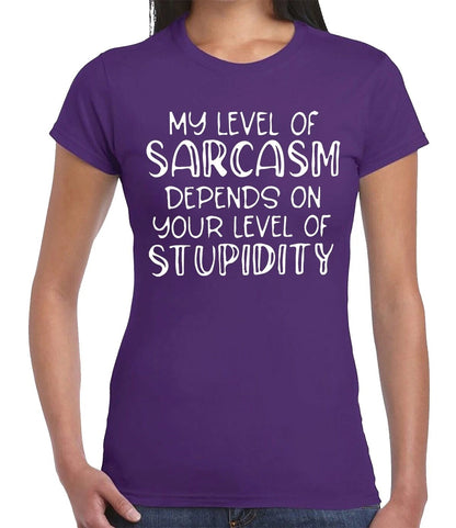 MY LEVEL OF SARCAM DEPENDS| LADIES T-SHIRT PURPLE T-SHIRT WHITE PRINT MY LEVEL OF SARCAM DEPENDS| LADIES T-SHIRT