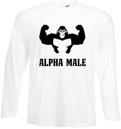 Alpha Male Gorilla Long Sleeve T-Shirt Men's WHITE LONG SLEEVE BLACK PRINT Alpha Male Gorilla Long Sleeve T-Shirt Men's