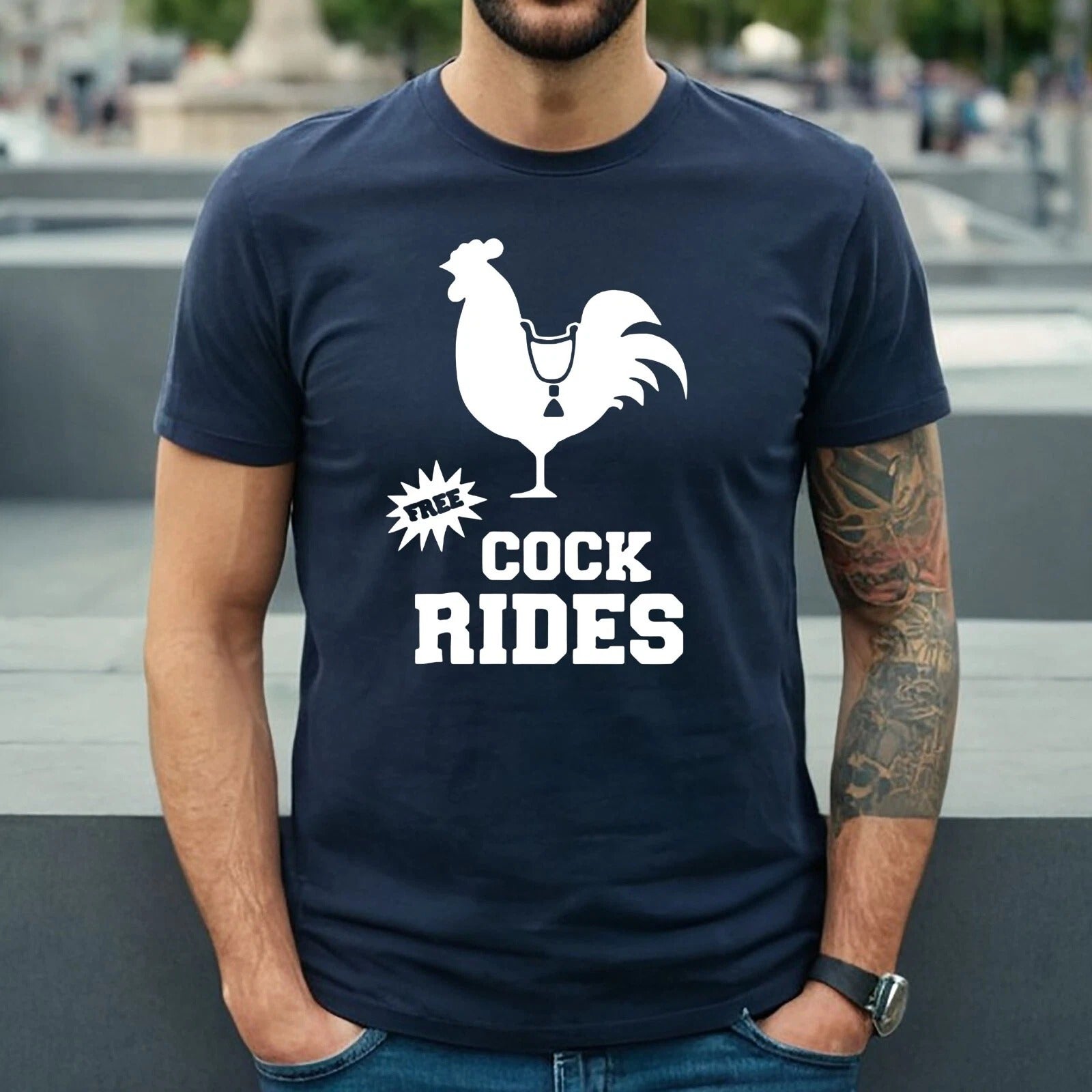FREE COCK RIDES COCK PRINT | FUNNY MEN'S T-SHIRT NAVY T-SHIRT WHITE PRINT FREE COCK RIDES COCK PRINT | FUNNY MEN'S T-SHIRT