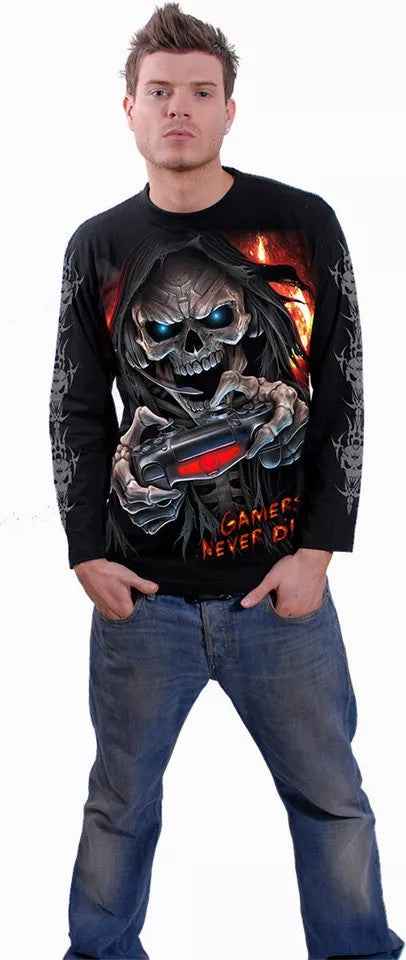 Spiral Direct Skull T-shirt - RESPAWN Long Sleeve Biker Horror Design with Reaper and Tattoo Art Spiral Direct Skull T-shirt - RESPAWN Long Sleeve Biker Horror Design with Reaper and Tattoo Art