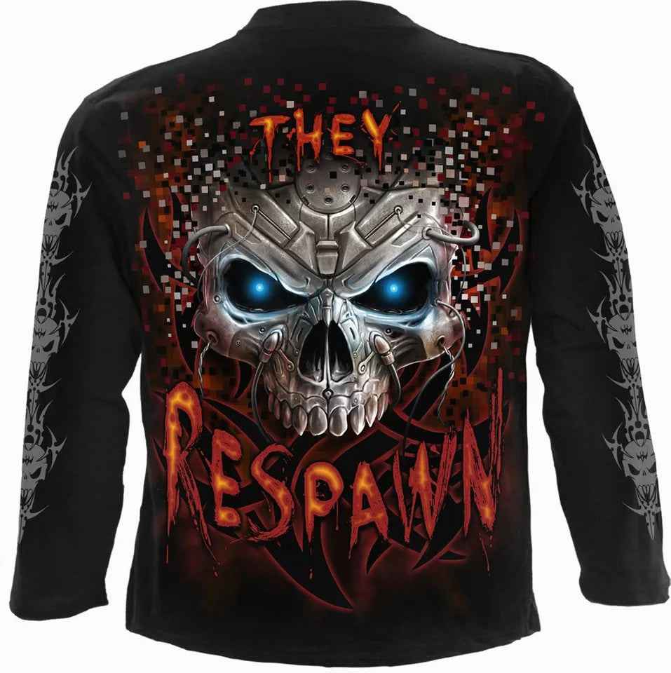 Spiral Direct Skull T-shirt - RESPAWN Long Sleeve Biker Horror Design with Reaper and Tattoo Art Spiral Direct Skull T-shirt - RESPAWN Long Sleeve Biker Horror Design with Reaper and Tattoo Art