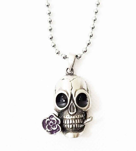 Rose Skull Pendant - Purple Antique Pewter with Ball Chain Rose Skull Pendant - Purple Antique Pewter with Ball Chain