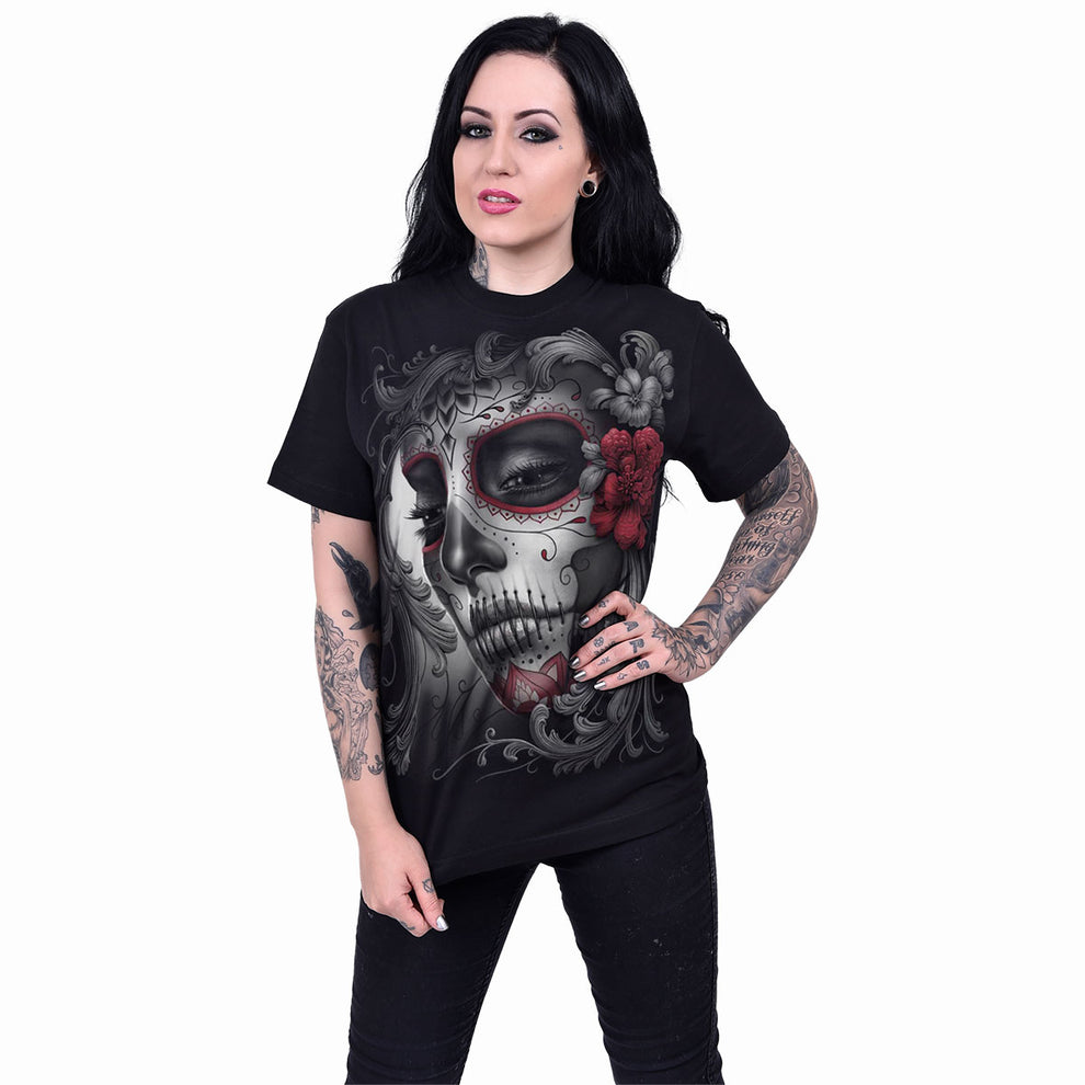 SKULL ROSES -  FRONT PRINT T-SHIRT BLACK