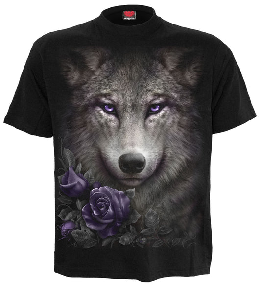 WOLF ROSES BLACK T-SHIRT - FRONT PRINT DESIGN WOLF ROSES BLACK T-SHIRT - FRONT PRINT DESIGN