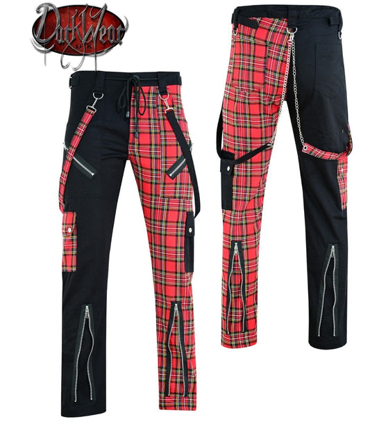 DARKWEAR RED & BLACK TARTAN BONDAGE PUNK TROUSER