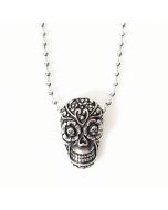 SUGAR SKULL ANTIQUE PEWTER PENDANT WITH BALL CHAIN