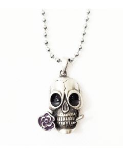ROSE SKULL (PURPLE) ANTIQUE PEWTER PENDANT WITH BALL CHAIN